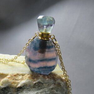 Gemstone Perfume Bottle, Rainbow Fluorite and Brass